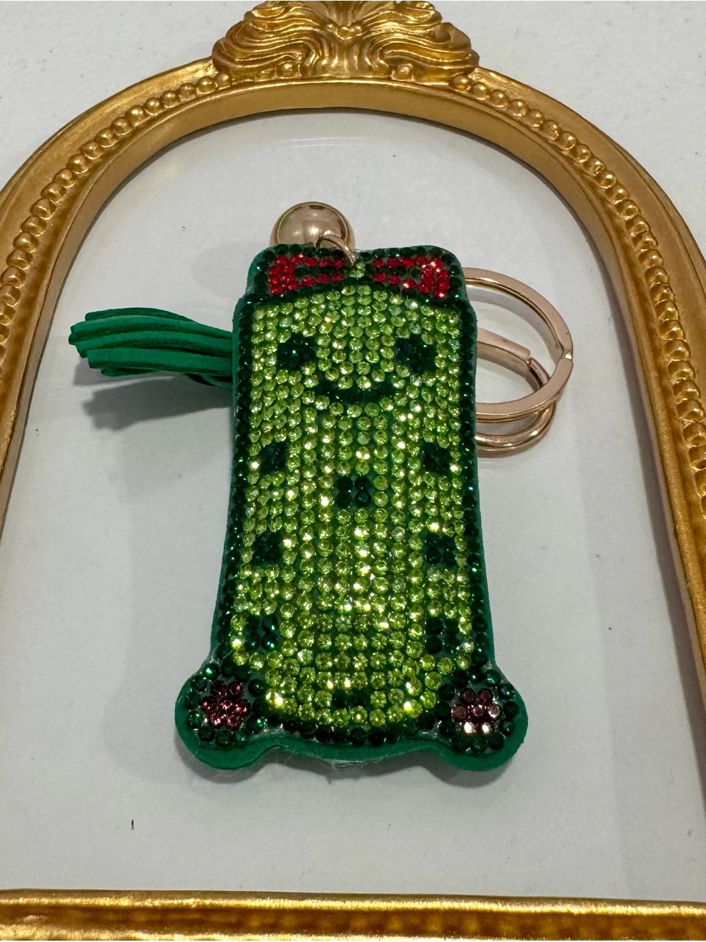 New Green Crystal Pickle with Red Bow Keychain Bag Charm